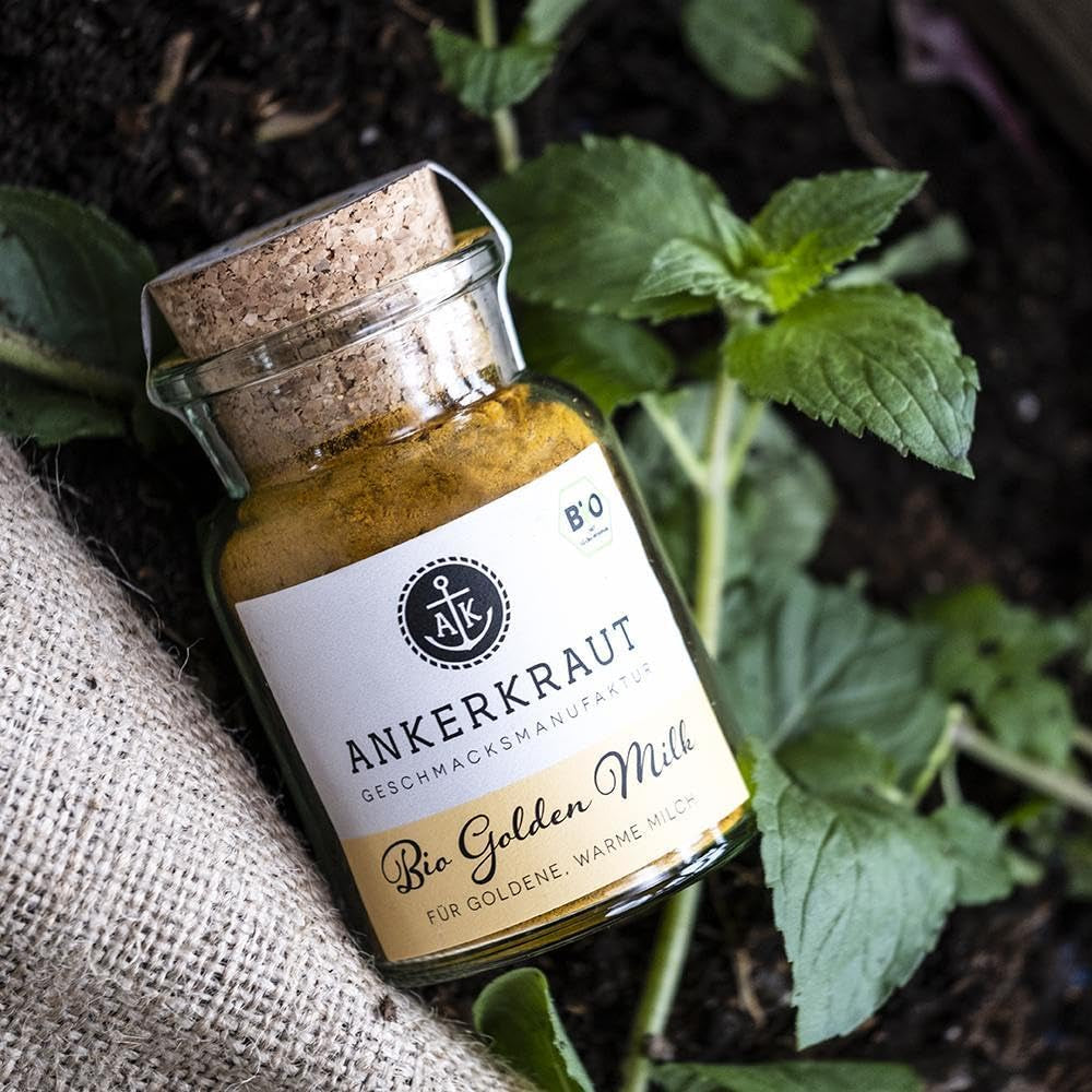 Ankerkraut Bio Golden Milk, Gewürz für goldene Milch, s kurkumou, Zimt a Ingwer, 75 g v korkové sklenici
