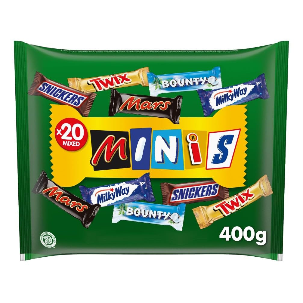 Hromadné balení mini míchané čokolády, 20 mini čokoládových svačin (Mars, Snickers, Bounty, Twix, Milky Way), jako bonbón, čokoládový dárek, bonboniéra, 400 g