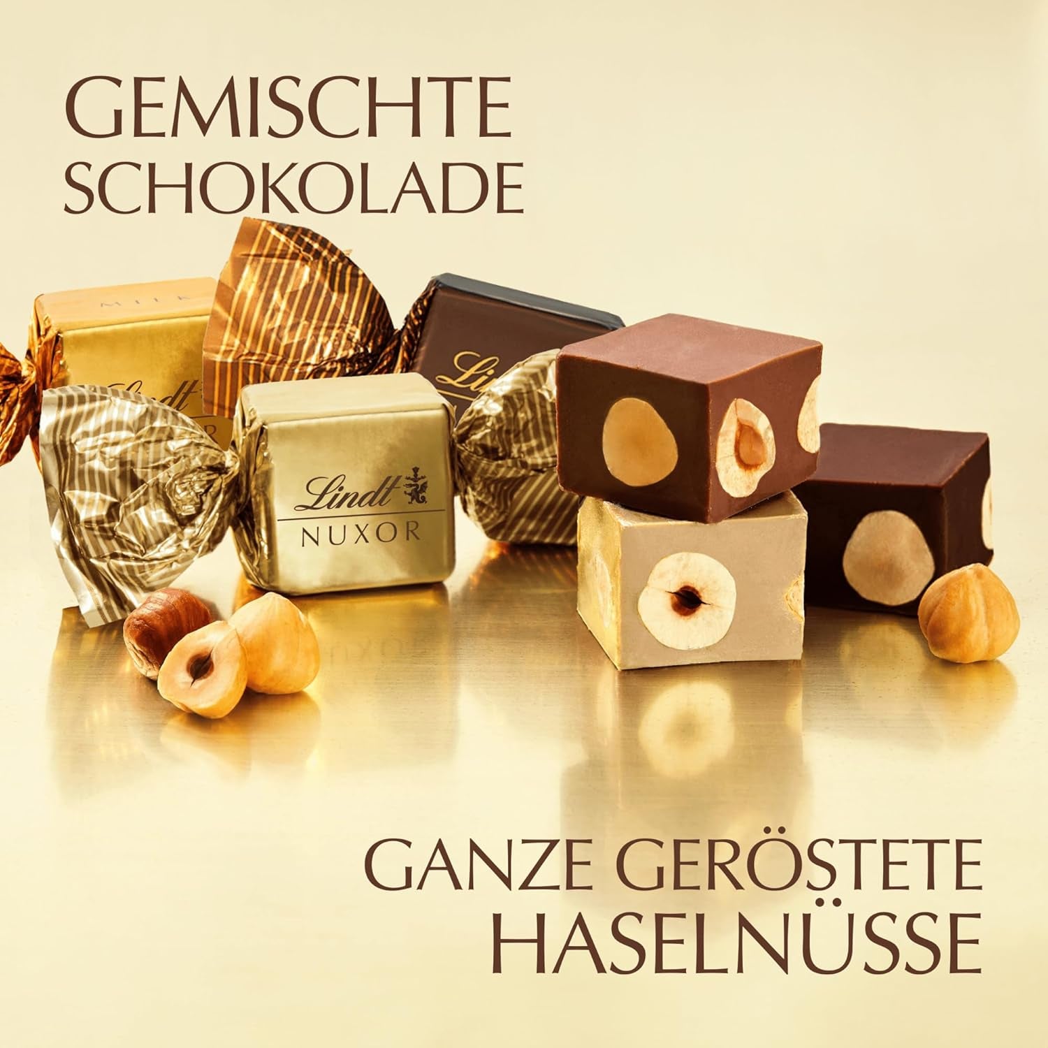 Lindt Čokoláda | Směs pro sáček NUXOR | 103 g | Gianduja smetanové čokoládové kostky ve třech sortimentech s praženými celými lískovými oříšky | Čokoládový dárek