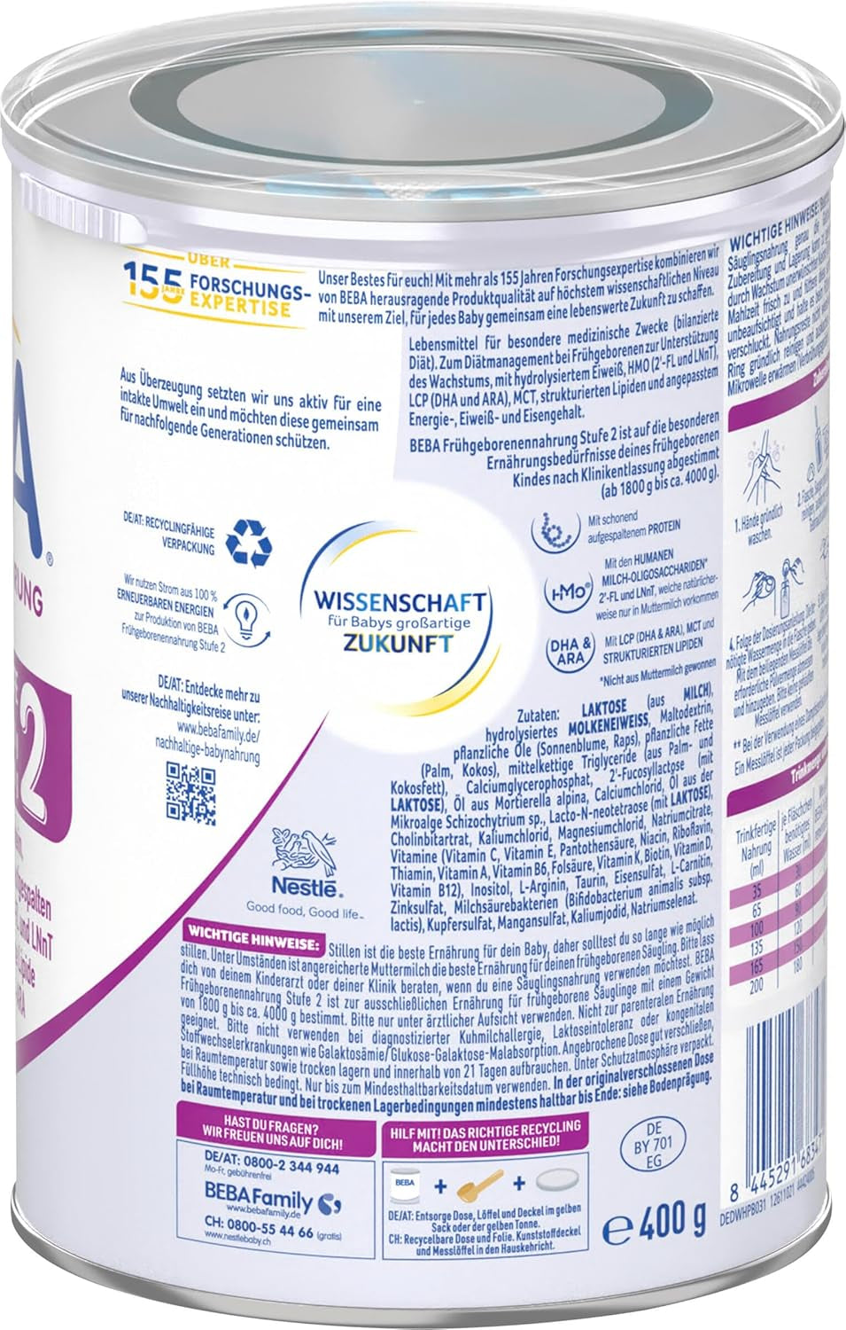 BEBA Formulă pentru sugari prematuri Etapa 2 - Sugari prematuri după externarea din spital, hrană pentru bebeluși, lapte praf pentru bebeluși, pachet de 3 (1 x 400g)