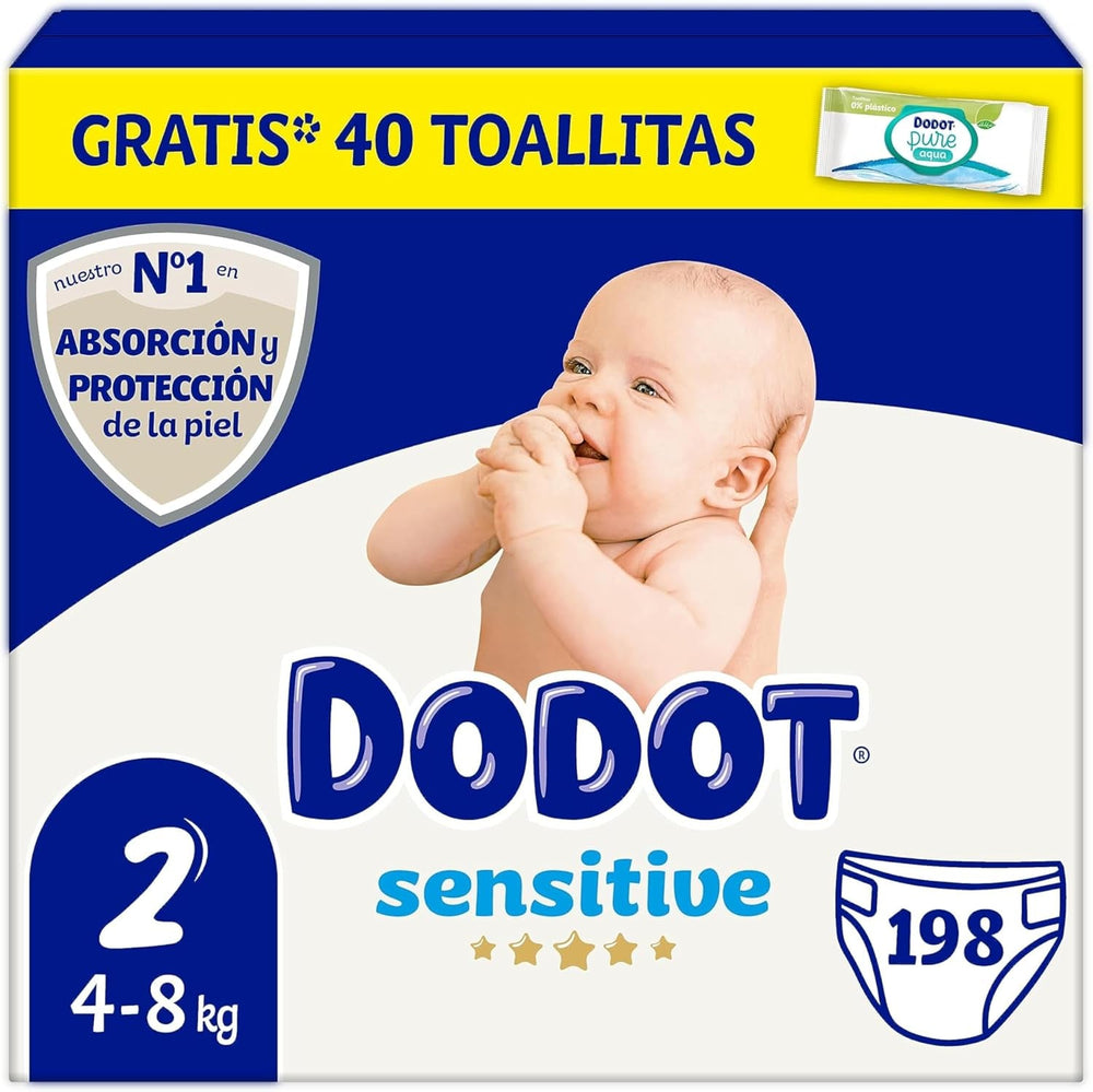 Scutece pentru bebeluși sensibili mărimea 2 (4-8 kg), 198 scutece + 1 pachet de 40 șervețele de curățare gratuite, Total Aqua Care, absorbție și protecție a pielii, pachet lunar