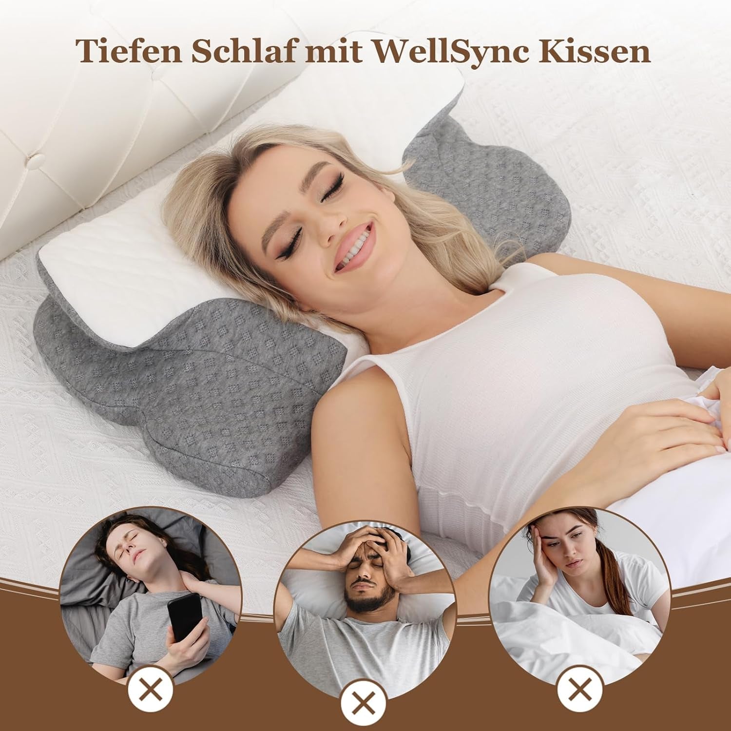 Wellsync pernă pentru gât Pernă ergonomică Pernă din spumă de memorie Pernă ortopedică Pentru persoane care dorm lateral Persoane care dorm pe spate Persoane care dorm abdominal Dureri de gât Alb Gri Perne ortopedice cervicale Naty Shop