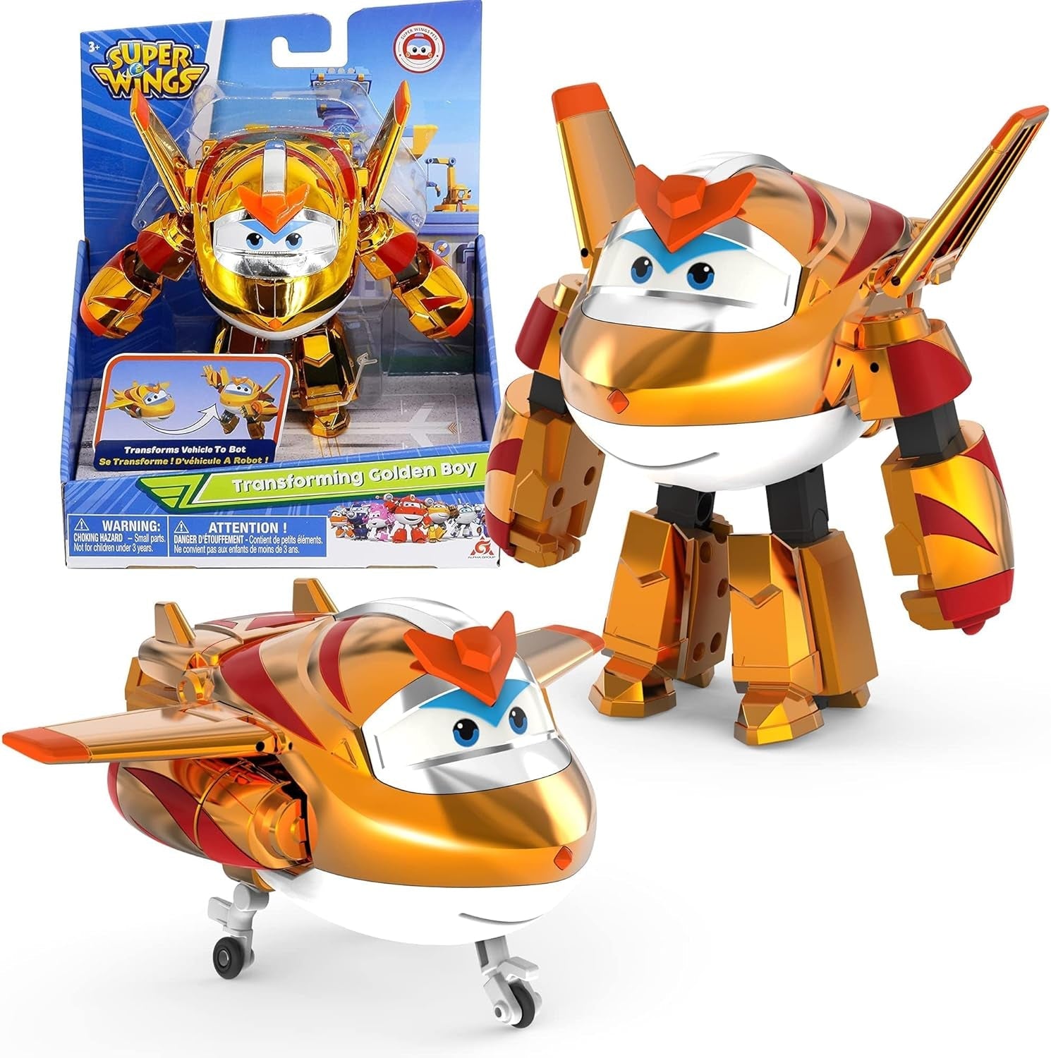 Transformační letadlo Super Wings Supercharged Traver, přibl. 12,7 cm velká dětská figurka na hraní Letadlo a figurka robota pro chlapce a dívky starší 3 let Stříbrné akční figurky Naty Shop The Golden Boy