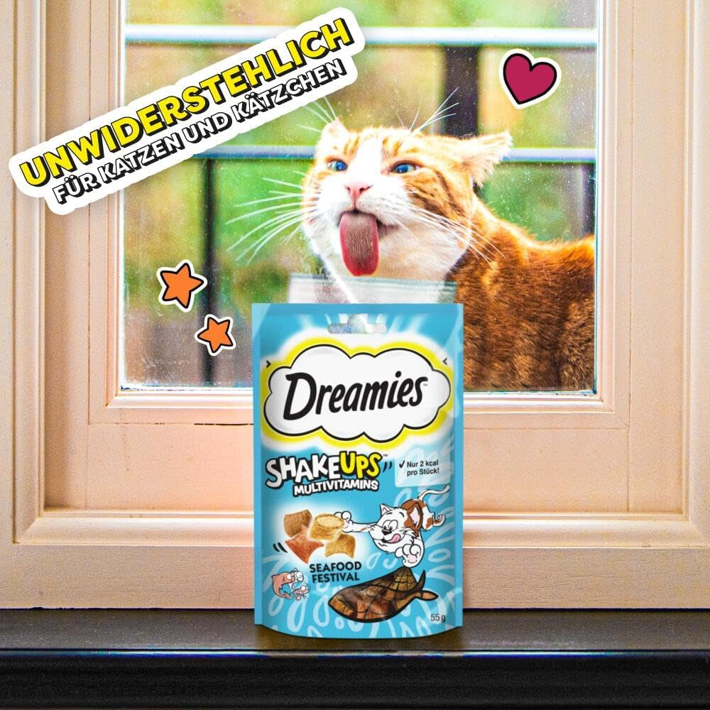 DREAMIES SHAKE UPS Multivitamine Seafood Festival, recompense pentru pisici în pliculețe porționate - 55g (6 pliculețe)