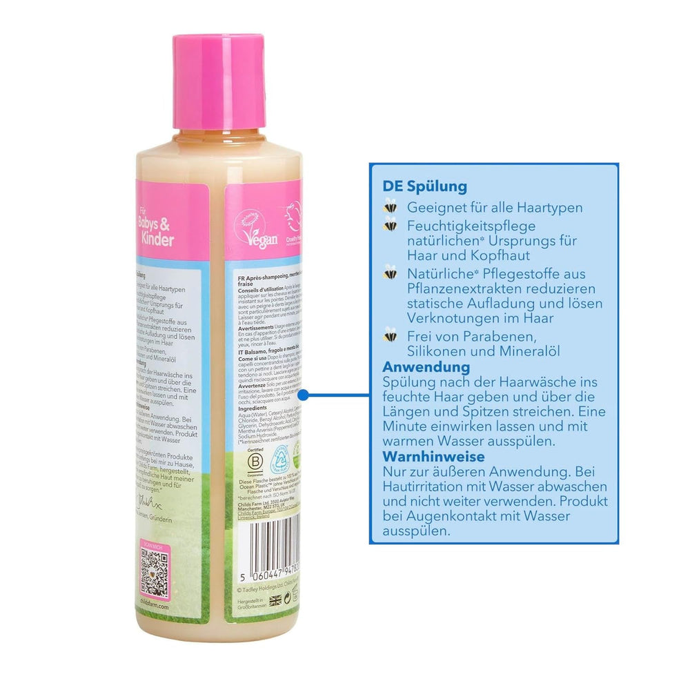 Balsam Childs Farm pentru copii 250 ml | Căpșuni și mentă organică | Toate tipurile de păr | Hrănește și hrănește | Potrivit pentru pielea uscată, sensibilă și predispusă la neurodermatită Copii - Baie si Skincare Naty Shop