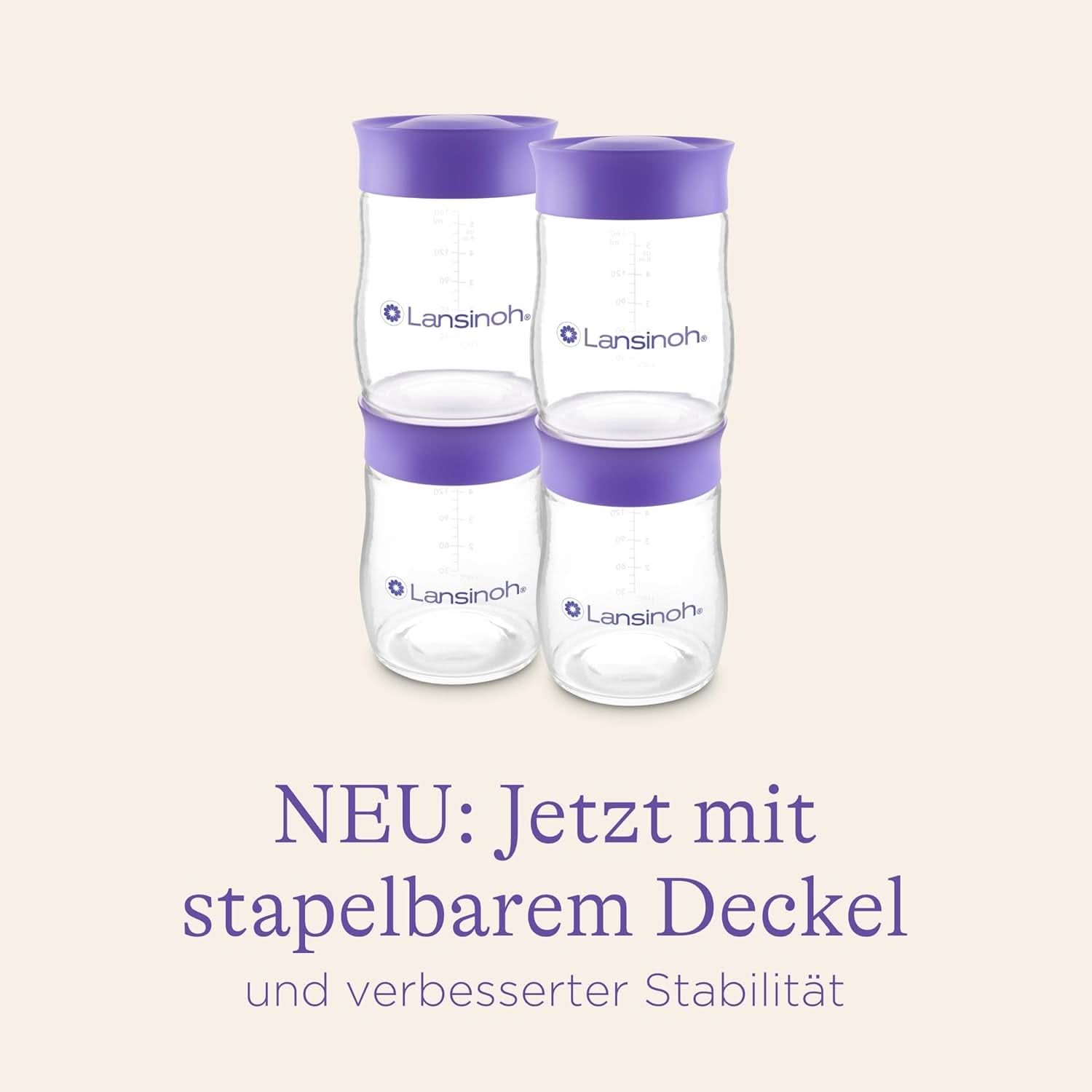 Lansinoh Muttermilchflaschen, 4 X 160 Ml - Zur Sicheren Muttermilch Austellungen - Neues Kompaktes Design Für Verbesserte Stabilität - Mit Stapelbarem Deckel Příslušenství Jídlo a kojení Bebe Naty Shop