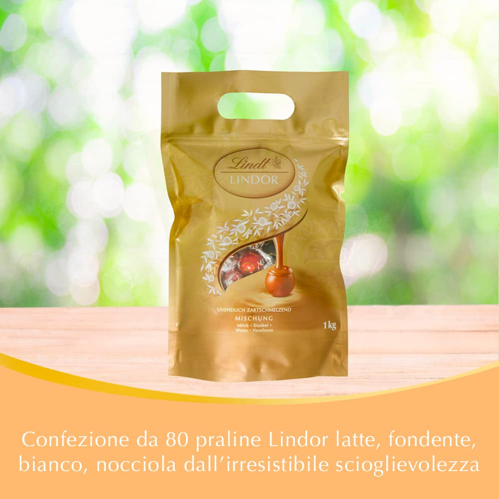 Sortiment Lindt Čokoláda LINDOR | 1371 g, Classic | cca. 80 kuliček čokolády (mléčná, bílá, hořká 60%, oříšková) | Velké balení, 1 kg