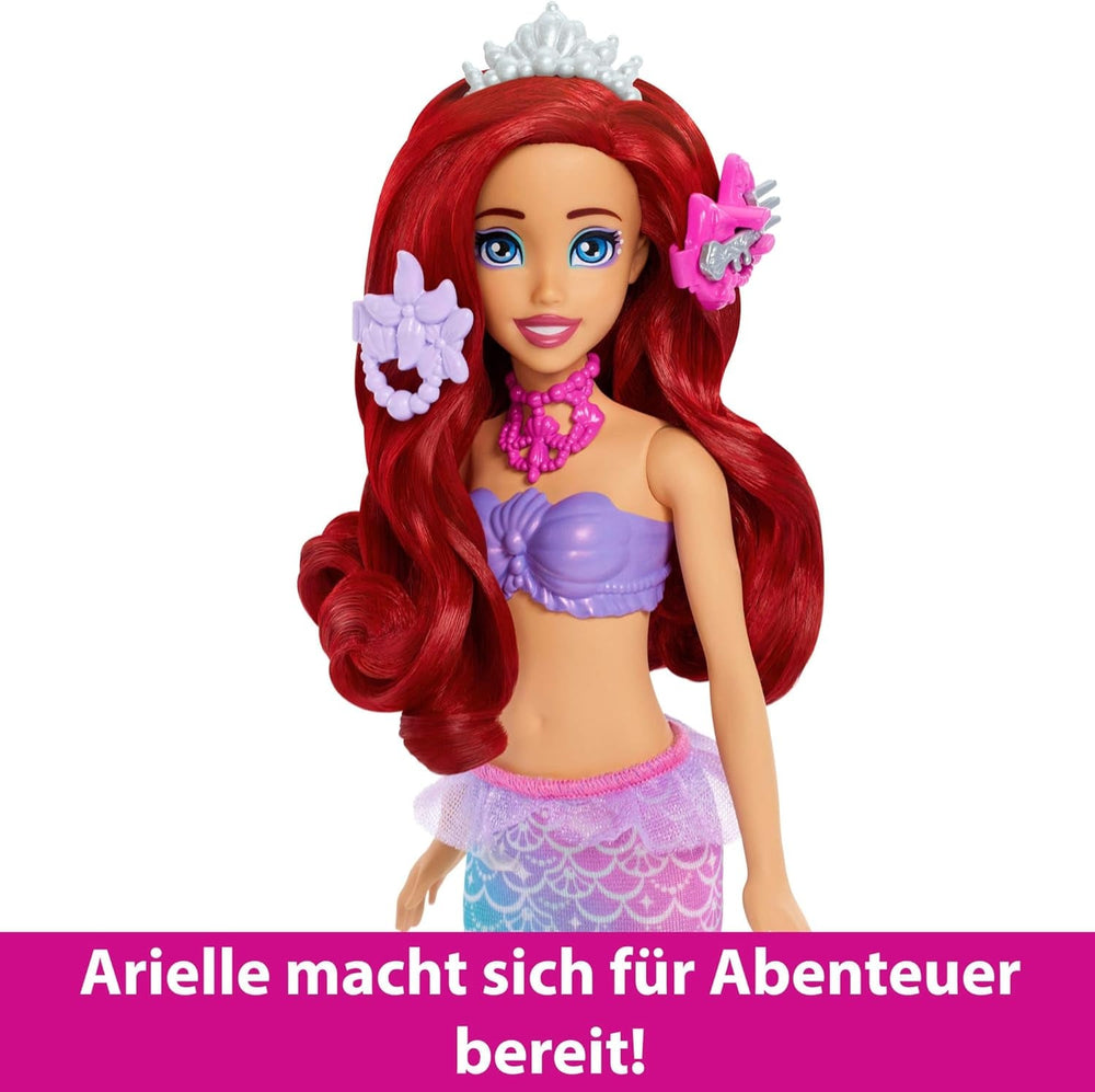 Mattel Disney Princess Toys, Make-up Shell Mermaid Panenka Arielle Fashion s odnímatelným ocasem, Makeup Table s 5 opakovatelnými vyskakovacími překvapeními a 5 doplňky, JBF86 Naty Shop Dolls