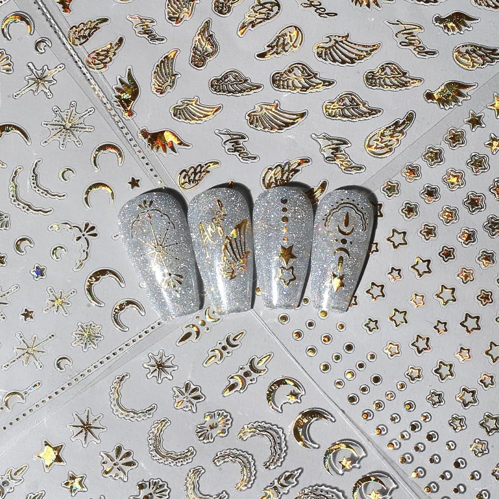 8 coli de autocolante pentru unghii cu stele și lună aurie, aripi de înger, autocolante pentru unghii bronzante, aurii, stele, folie de unghii, autocolante autoadezive pentru unghii, accesorii pentru design unghii, autocolante pentru unghii