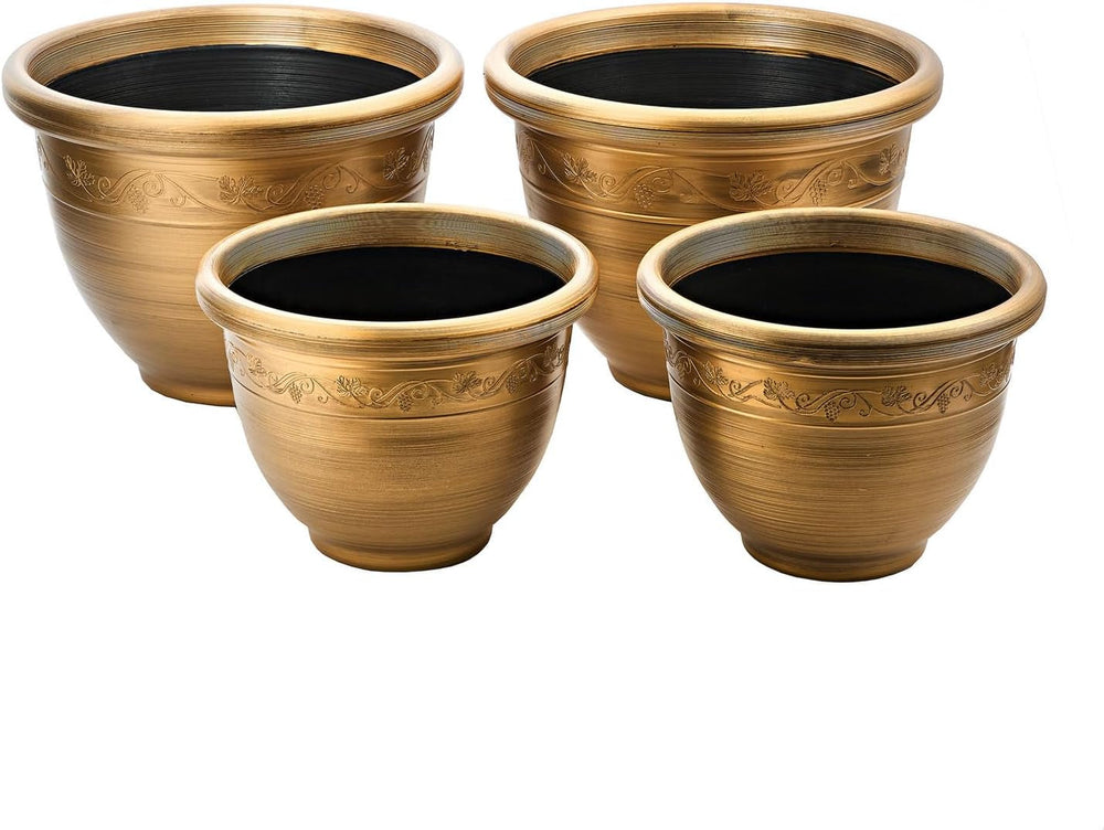 ® Set de ghivece din plastic în stil retro – set de 4 piese în două dimensiuni – rezistent la intemperii și ușor – margine decorativă – set de ghivece de culoarea bronzului pentru plantare