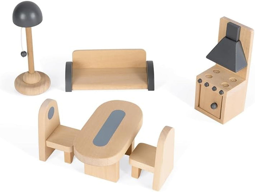 Janod - Dřevěný domeček pro panenky Mademoiselle, 3 patra a 11 doplňků, replika hračky, rozvíjí představivost, věk 3+, J06581, domečky pro panenky Pink Naty Shop