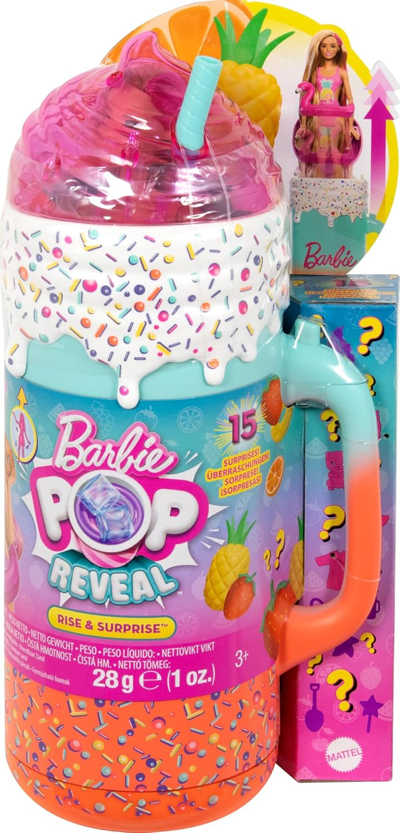 Set cadou BARBIE Pop Reveal Rise & Surprise - peste 15 surprize, inclusiv 1 păpușă Barbie, accesorii de plajă, pentru distracție jucăușă și plină de fructe, pentru copii cu vârsta de 3 ani și peste, HRK57