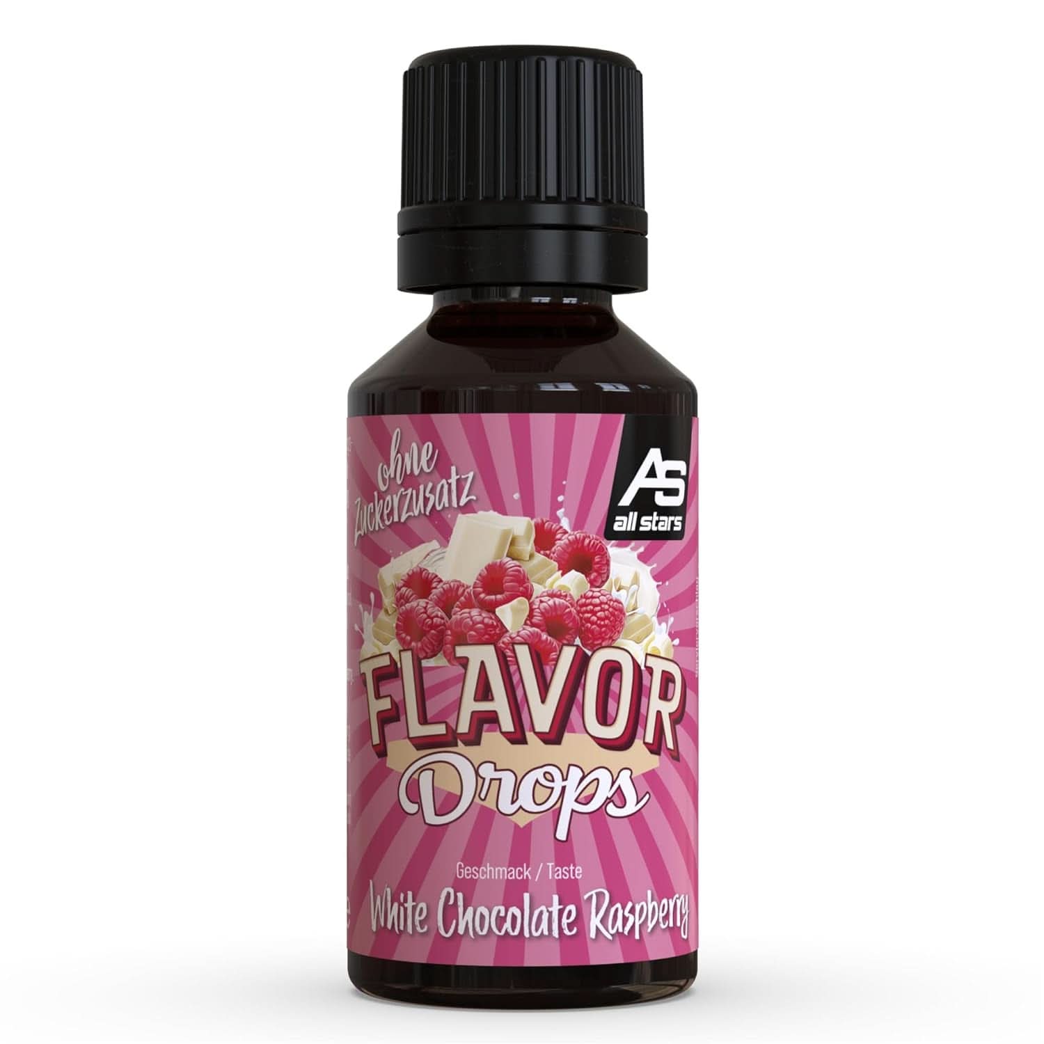 ALL STARS Flavor Drops, Ochucené kapky bez přidaného cukru a bez kalorií - Sladkost a chuť do jídla, 30 ml Sladidla Naty Shop Bílá čokoláda s malinou 30 ml