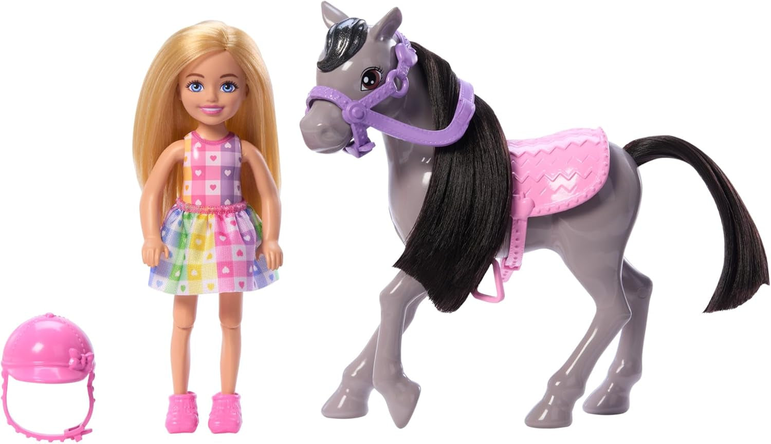 Păpușa Barbie Chelsea și Ponei - Înșuează-te pentru joacă și călărește în siguranță, șa și scărițe roz, include cască și rochie drăguță în carouri, pentru copii de la 3 ani în sus, HTK29