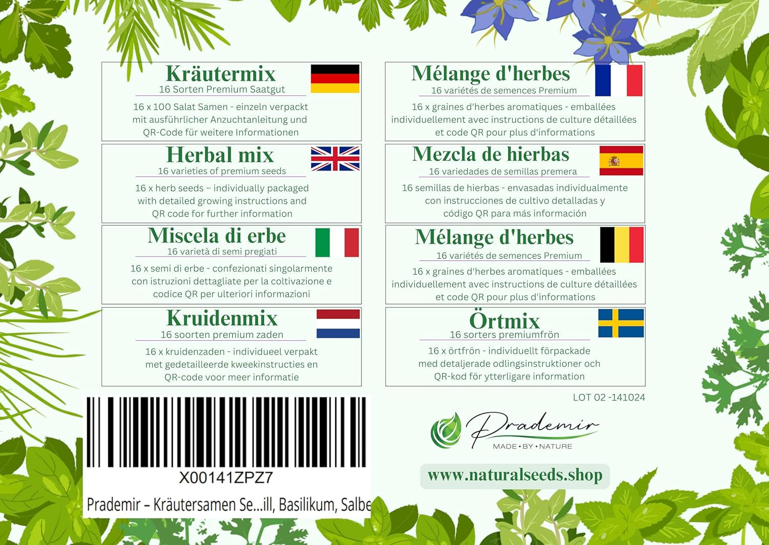 Prademir – Kräutersamen Set aus 16 beliebten Küchenkräutern – Kräuter Anzuchtset mit 100% Natursamen aus Portugal – Kräuter Saatgut aus Oregano, Tymián, Majoránka, Rosmarin, Kopr, Basilikum, Sage uvm