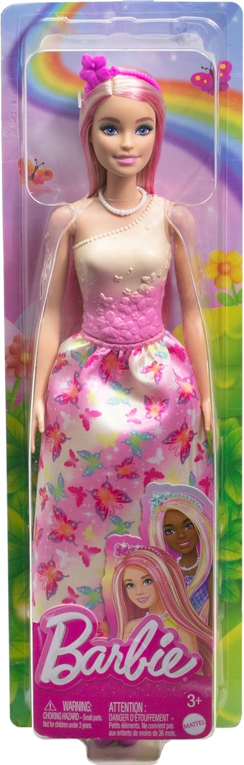 Păpușă Barbie Royal cu păr fantezist blond și roz, accesorii colorate, top roz cu gradient și fustă cu model fluture, HRR08 Papusi Naty Shop