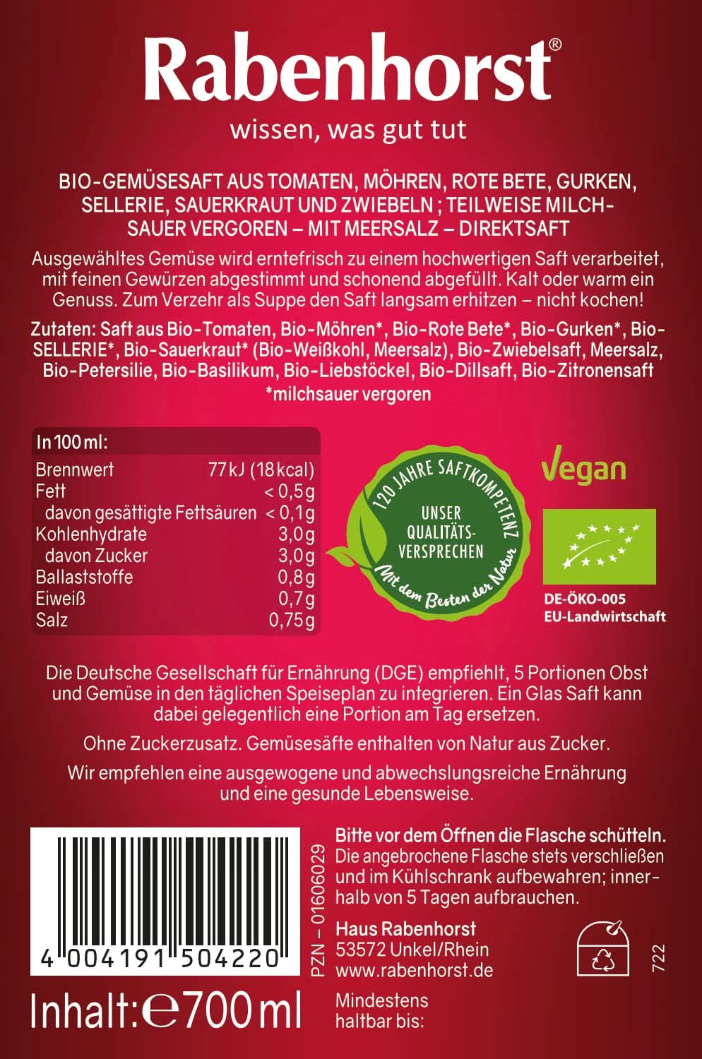 RABENHORST (6 X 700 ml) - Vysoce kvalitní zeleninová šťáva z různých druhů zeleniny Nealkoholické nápoje Naty Shop