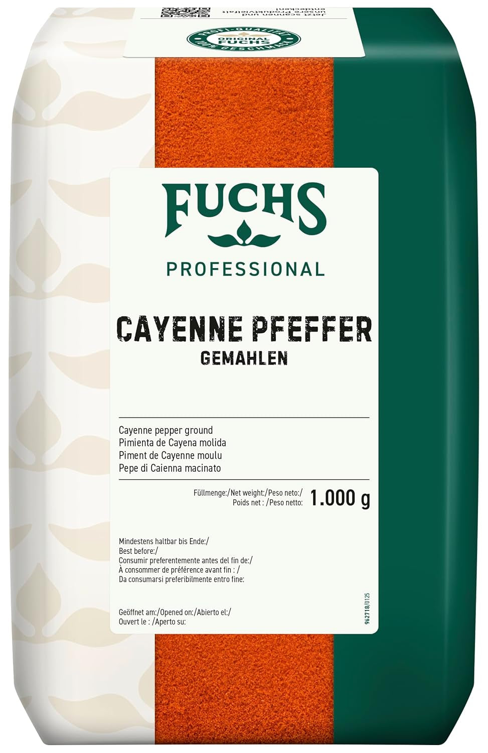 Fuchs Professional - Cayenne Pfeffer gemahlen | Scharfes Gewürz für Chili con Carne | Profi-Qualität für Großverbraucher und Gastronomie | 1 kg v recyklovatelném pytli