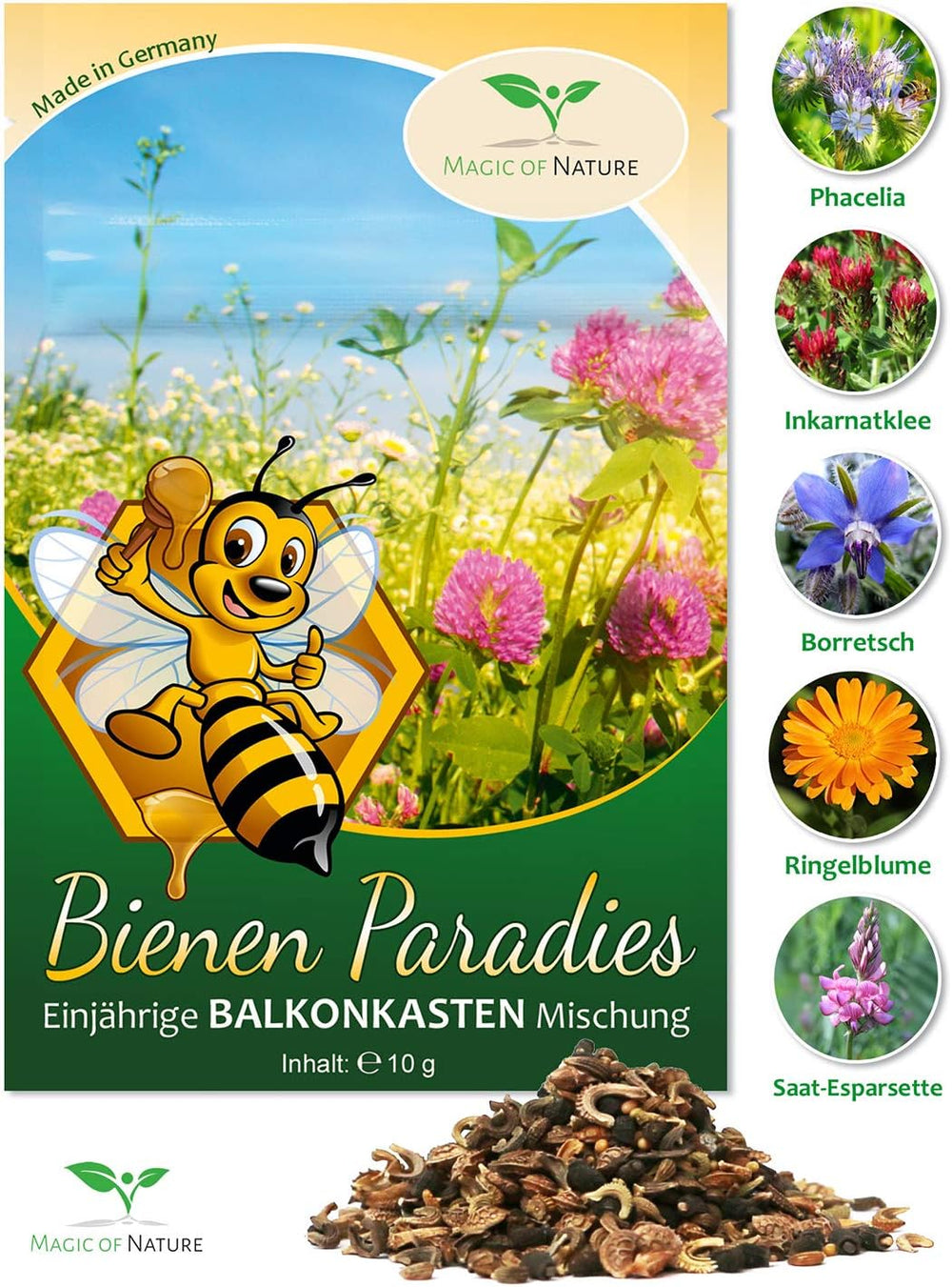 Magic of Nature Balcony Box Mix - 10g Semena - Rostliny šetrné k včelám - Snadné použití - Včelí ráj - 5 původních kultivovaných druhů - Vhodné do truhlíků a květináčů