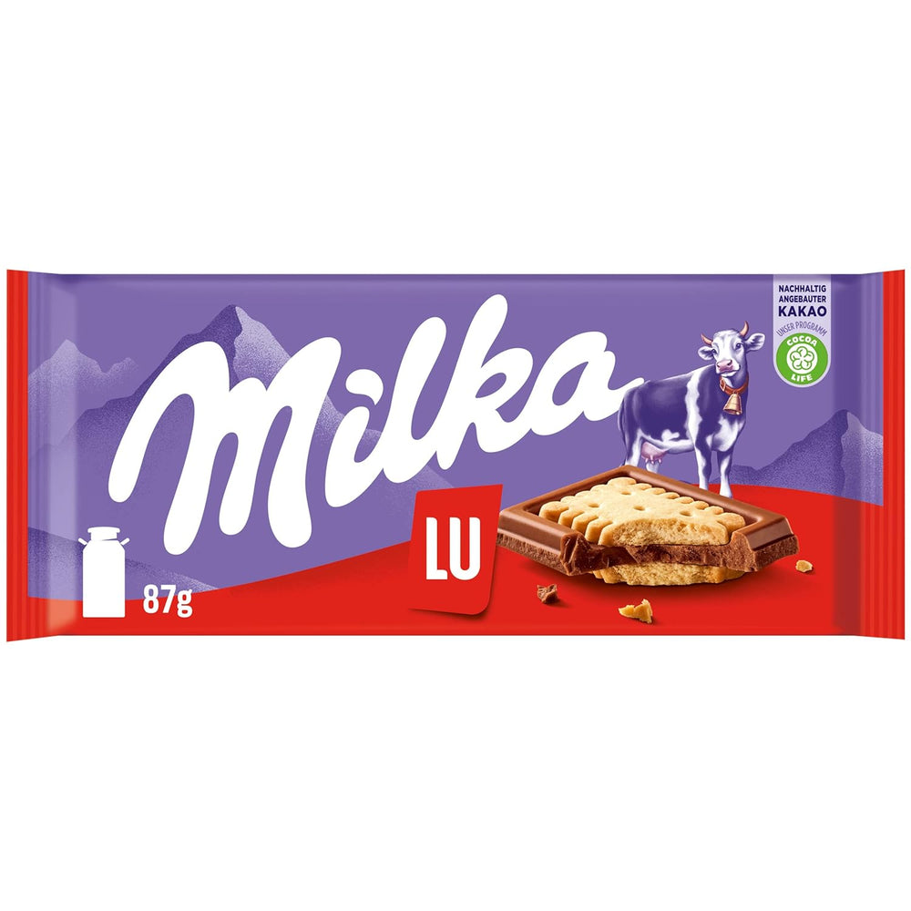 Milka LU – Čokoláda z alpského mléka s křupavými LU sušenkami – 87g