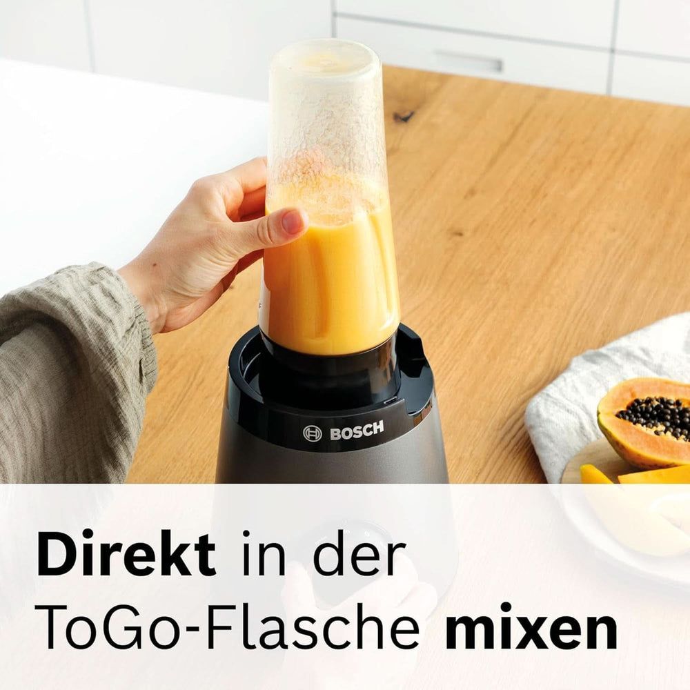 Bosch Standmixer Vitapower Serie 4 MMB6174SN, Verbesserte Version, Hochwertige Edelstahl-Klingen, 1,5L Glasbehälter, 0,6L To-Go-Flasche, Spülmaschinenfeste Teile, 30 000 U/Min, 1200 W, Silver Kitchen Naty Shop