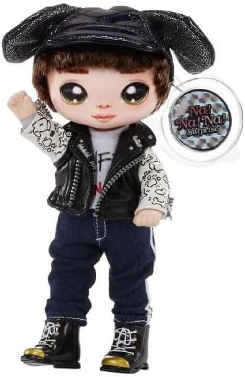 Na Na Na Surprise 2-v-1 Soft Modepuppe & Metallic Peněženka Glam Serie - Sammlerpuppe - Boy-Puppe s Braunen Haaren a Mütze se Hunde-Ohren and einer Welpen Tasche - Maxwell Dane