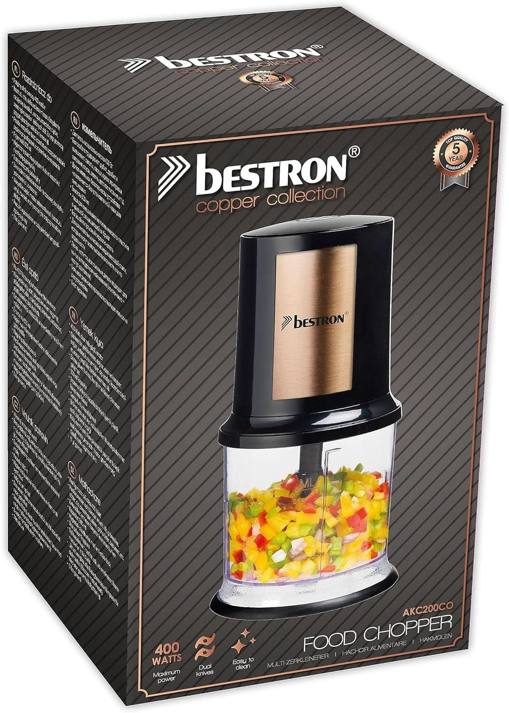 Bestron Elektrischer Multi-Zerkleinerer, Universalzerkleinerer Mit Zwei Schneidemessern & 500Ml Kapazität, Große Pulstaste, 400 Watt, Farbe: Kupfer Bucatarie Naty Shop