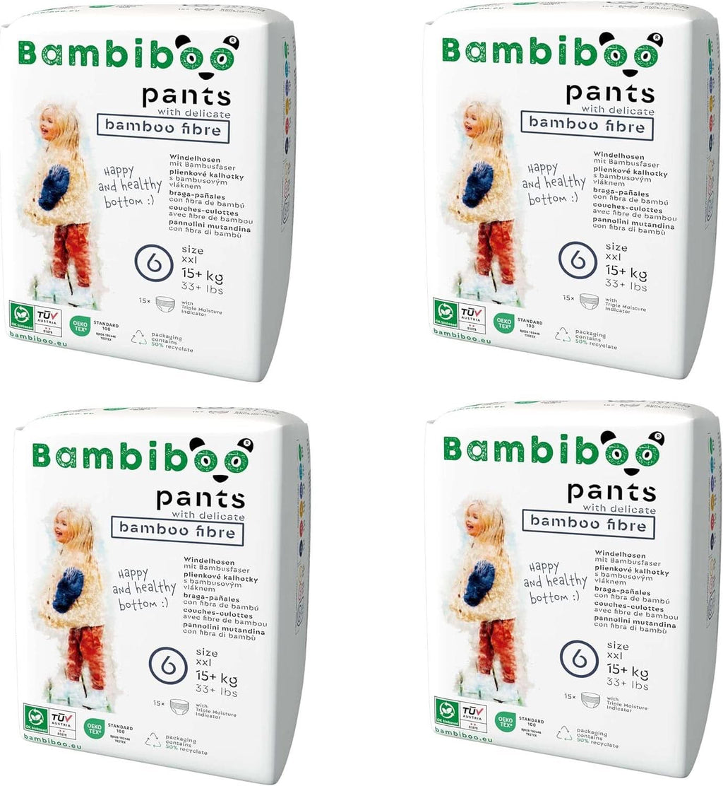 Bambiboo Scutece de unică folosință, prietenoase cu pielea, cu fibre fine de bambus - pantaloni scutece de unică folosință Mama si Copilul Naty Shop Pantaloni scutec, marimea 6, 60 bucati