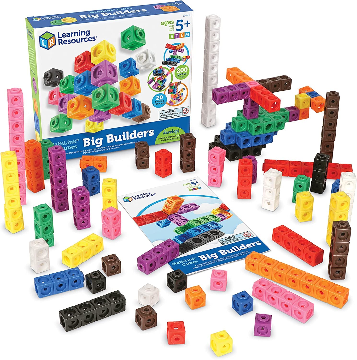 Výukové zdroje MathLink Steckwürfel Big Builders pro Baumeister, ab 5 Jahren, Konstruktionsspielzeug für frühes Mint-Lernen, 200 Teile
