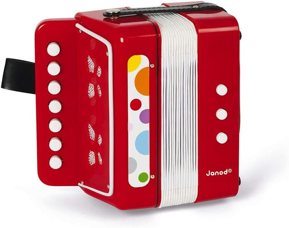 Janod - Acordeon Confetti, instrument muzical pentru copii, replică de jucărie și jucărie pentru percepție muzicală, curea de prindere, roșu, de la 3 ani, J07620 Jucarii Bebe Naty Shop