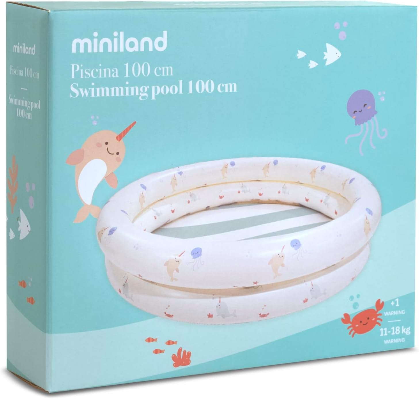 Miniland - Nafukovací dětský bazén 100 cm, Kompaktní a bezpečný kulatý bazén pro miminka