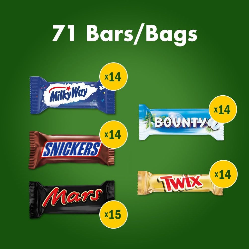 Mini čokoládové míchané balení, 71 mini čokoládových snacků (Mars, Snickers, Bounty, Twix, Milky Way) ve formě sladkostí, ideální pro večer amerického fotbalu (1400 g)