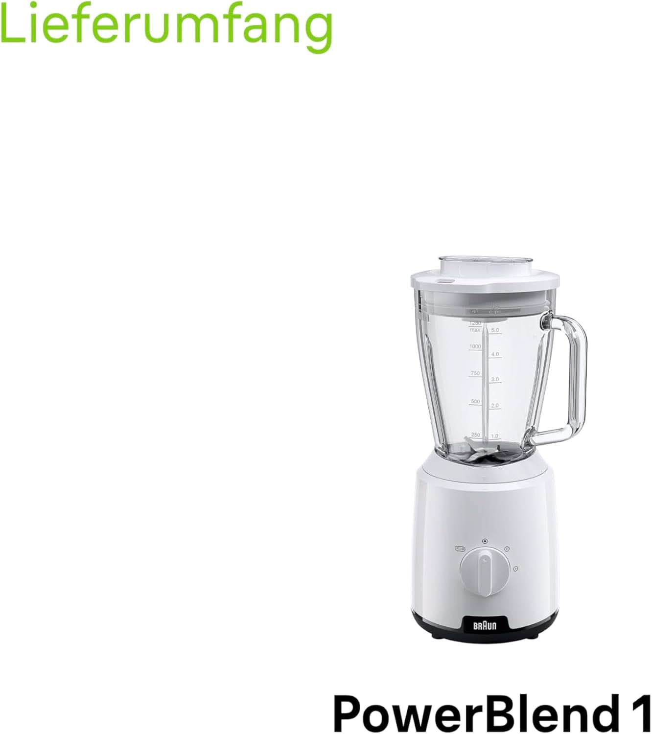 Braun Powerblend 1 JB1050WH - Stojanový mixér s 1,5 l Glas-Mixaufsatz, Küchenhelfer Zum Zerkleinern, Pürieren & Mixen, Ice-Crush-Funktion, 2 Geschwindigkeiten, 600 Watt, Weiß Kitchen Naty Shop
