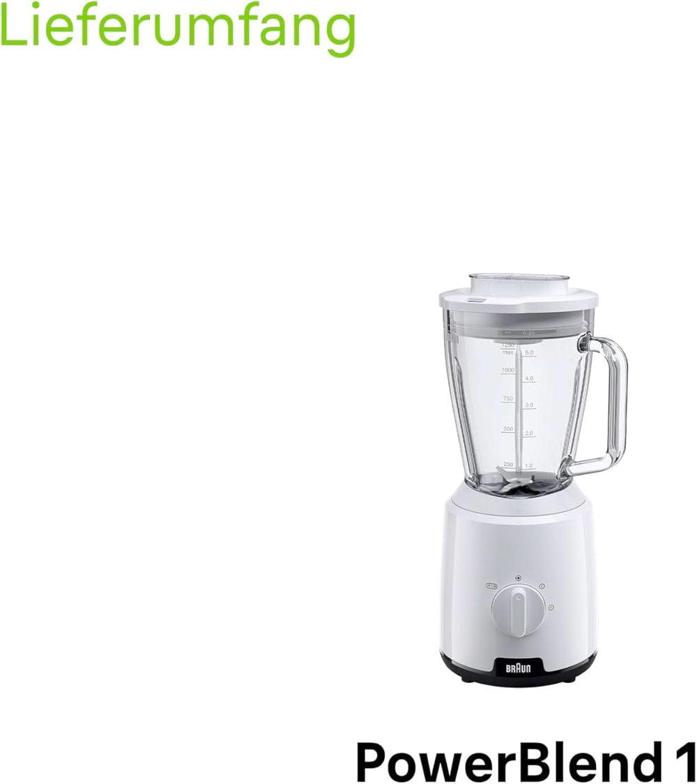 Braun Powerblend 1 JB1050WH - Stojanový mixér s 1,5 l Glas-Mixaufsatz, Küchenhelfer Zum Zerkleinern, Pürieren & Mixen, Ice-Crush-Funktion, 2 Geschwindigkeiten, 600 Watt, Weiß Kitchen Naty Shop