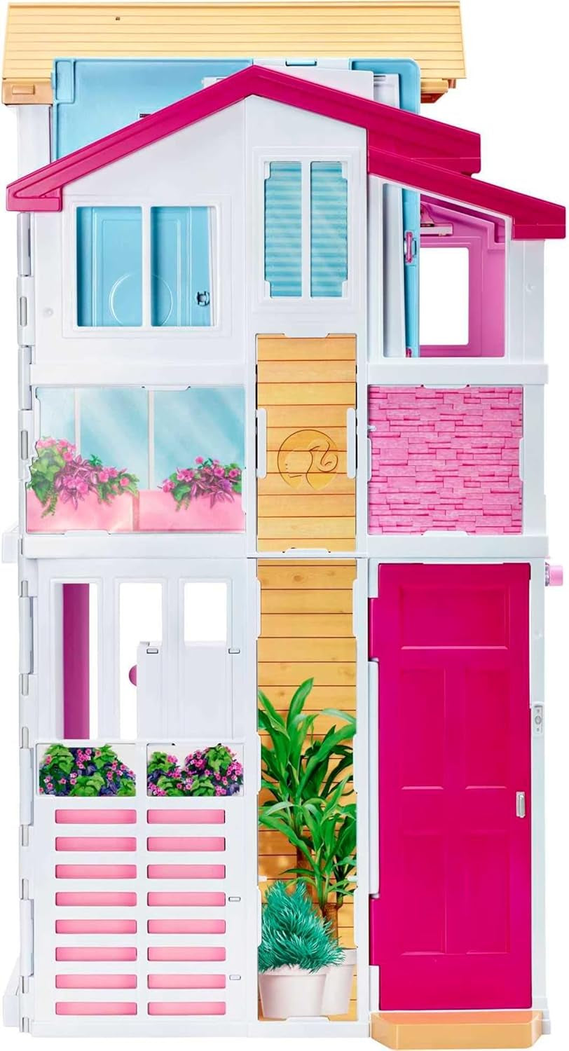Casă de vis Barbie, Casă de oraș cu 3 etaje și 5 camere, inclusiv accesorii precum mobilier, pliabilă și depozitabilă, jucărie pentru vârste de 3 ani și peste, DLY32