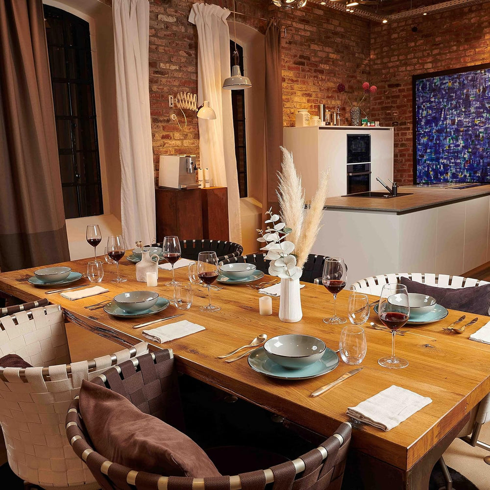 MÄSER Ramă metalică, Set de veselă modern pentru 6 persoane cu ramă de culoarea alamei, Serviciu combinat cu 24 de piese cu forme de cupe fără ramă, Gresie, Gri