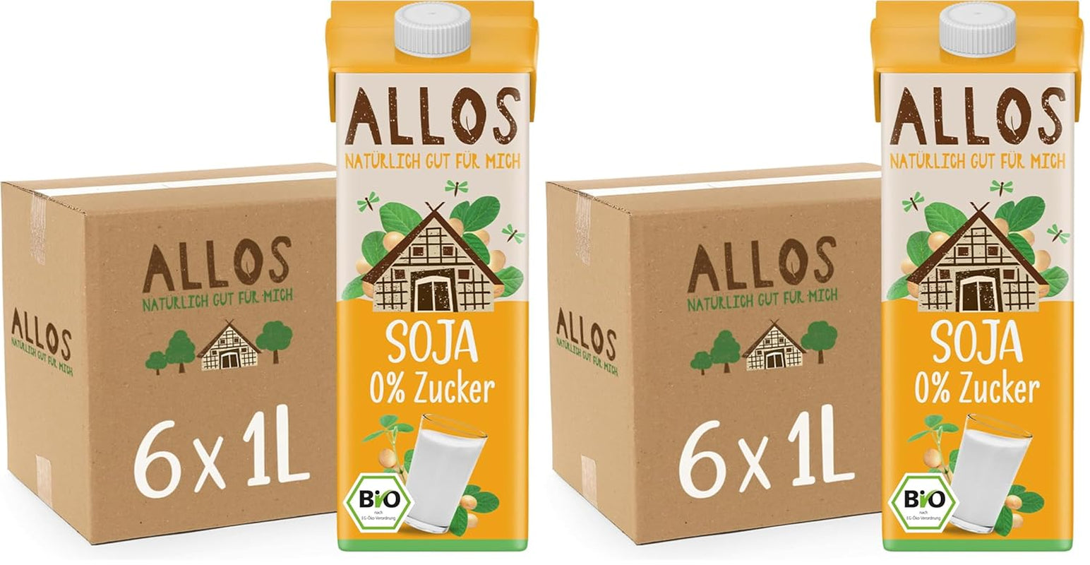 Allos Bio Sojadrink ohne Zucker | Milchalternative aus Soja | Sójový nápoj | Drink auf Pflanzenbasis | veganský nápoj | ohne zugesetzten Zucker | vegan | bez laktózy | 1 litr (6 kusů)