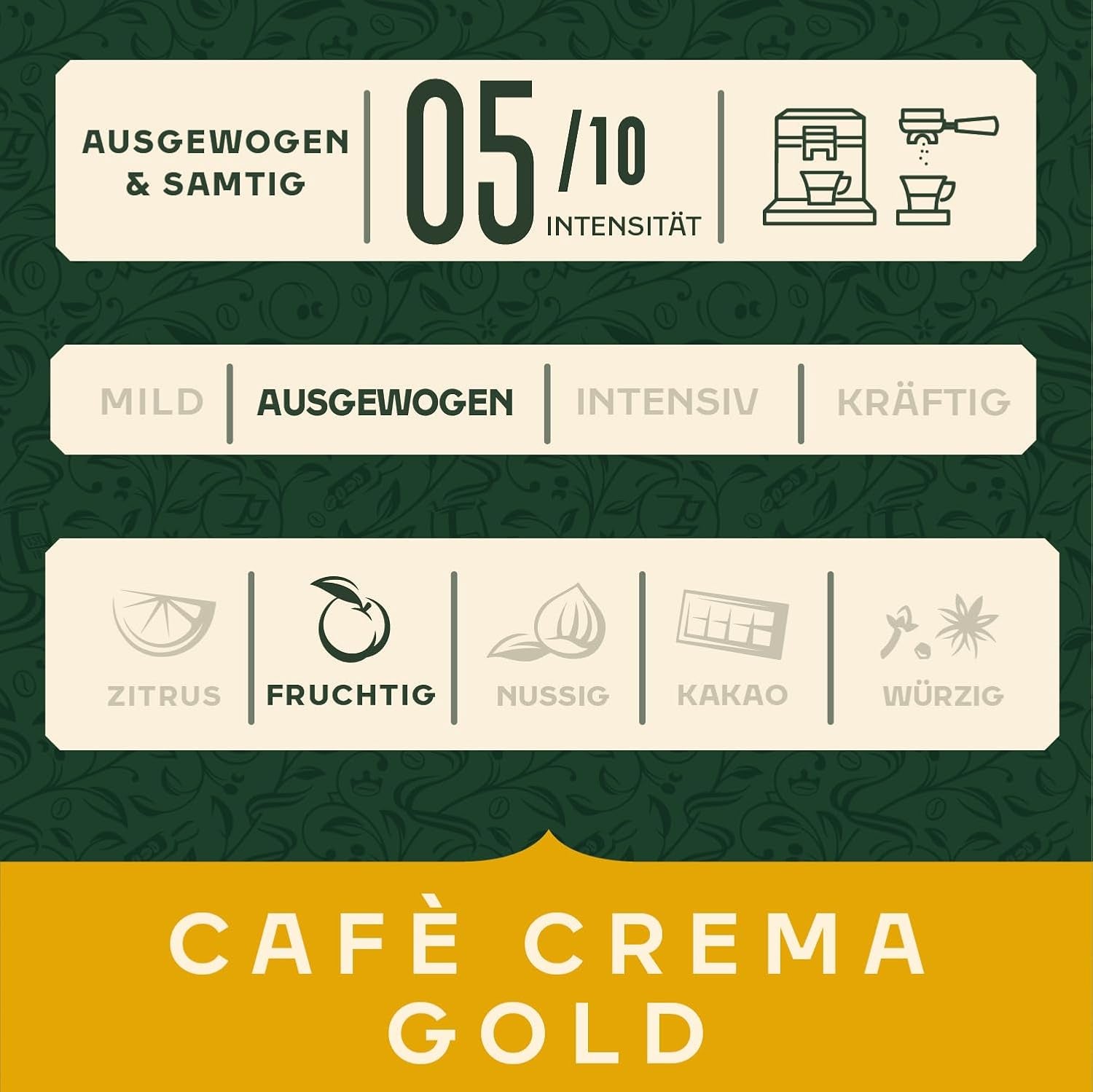 Kávová zrna Jacobs Café Crema Gold 1 kg – Vollmundig, Aromatisch, Fruchtige Notes, zrna Arabica & Robusta, Intensität 5/10, Ideální pro Café Crema Naty Shop
