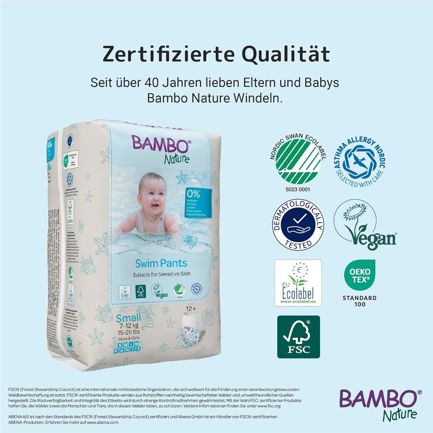 Dětské plenky Bambo Nature, velikost S (7-12kg), 12 plen | Jednorázové plenky Secure Fit | Vodotěsný komfort při hraní ve vodě