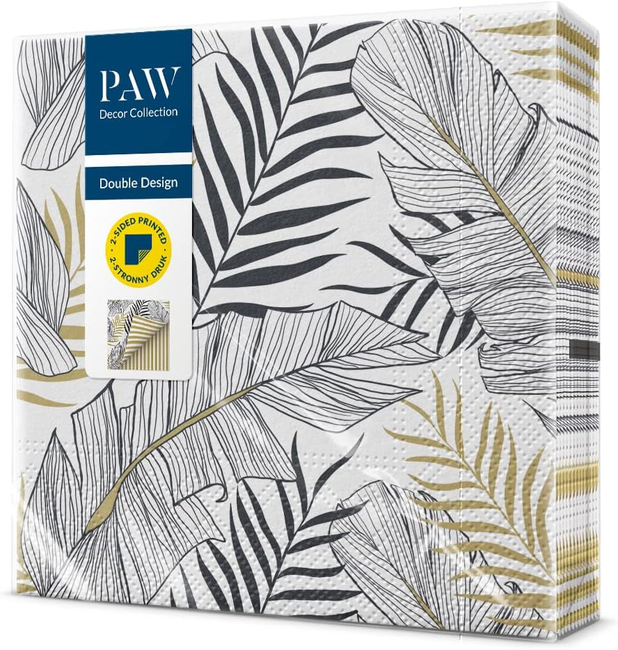 PAW - Șervețele 3 straturi (33 X 33 Cm) I 20 bucăți I Perfect pentru zile de naștere, petreceri, nunți, comuniuni și sărbători I Decor de masă Șervețele de hârtie elegante - Eucalipt auriu I Eucalipt auriu