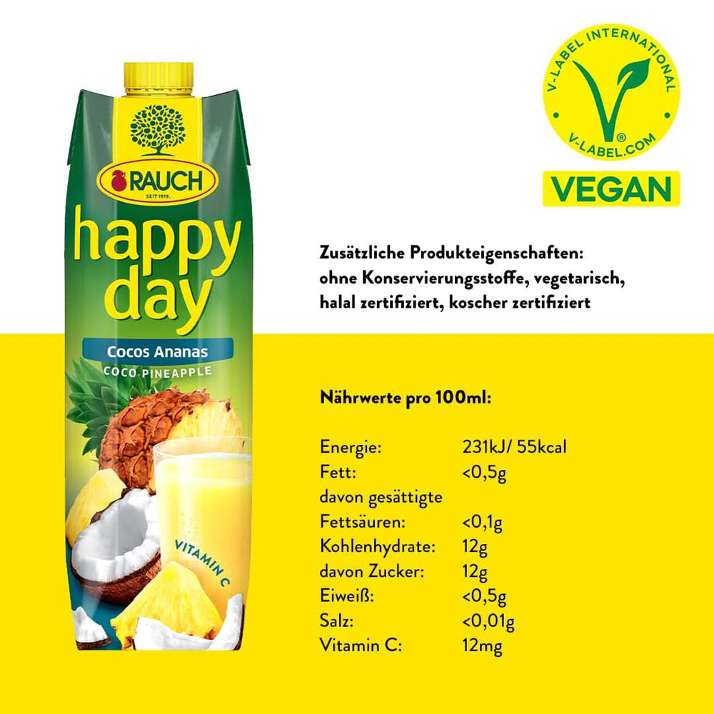 Rauch Happy Day Kokos-ananas | Výlet do Karibiku | Ananasová ovocná šťáva a kokosová voda | 6 x 1 litr, Tetra Prisma Nealkoholické nápoje Naty Shop