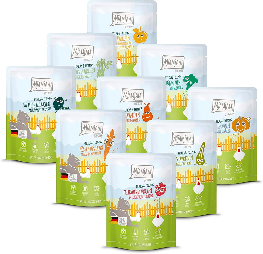 MjAMjAM - Premium Nassfutter für Katzen - Chicks & Friends Box, 9er Pack (9 x 300g), getreidefrei mit extra Fleisch