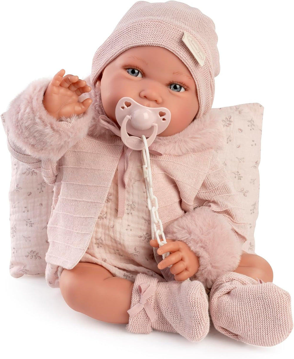Antonio Juan Puppen für Neugeborne, Winterpfeife, realistické babypuppe, 42 cm, s růžovým oblečením, dudlík a polštář v ceně