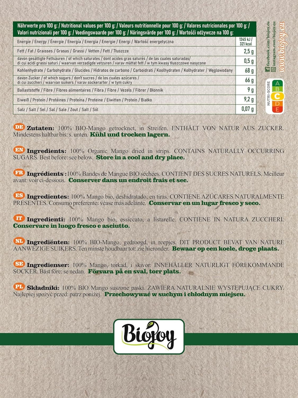 Biojoy BIO mango uscat (1 kg), nesulfurat Produse deshidratate Naty Shop