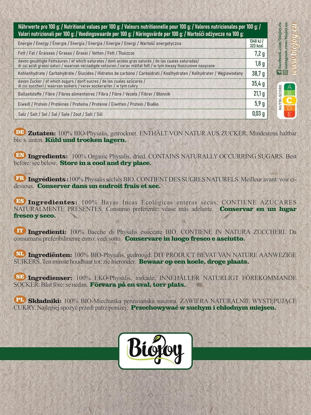 Biojoy BIO-Physalis (1 kg), fructe de pădure Inca uscate și nesulfurate Produse deshidratate Naty Shop