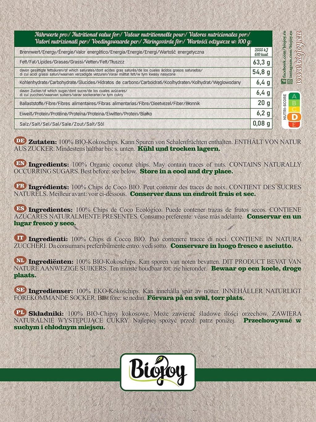 Biojoy chipsuri de nucă de cocos uscată bio (1 kg), neîndulcită și neprăjită Produse deshidratate Naty Shop