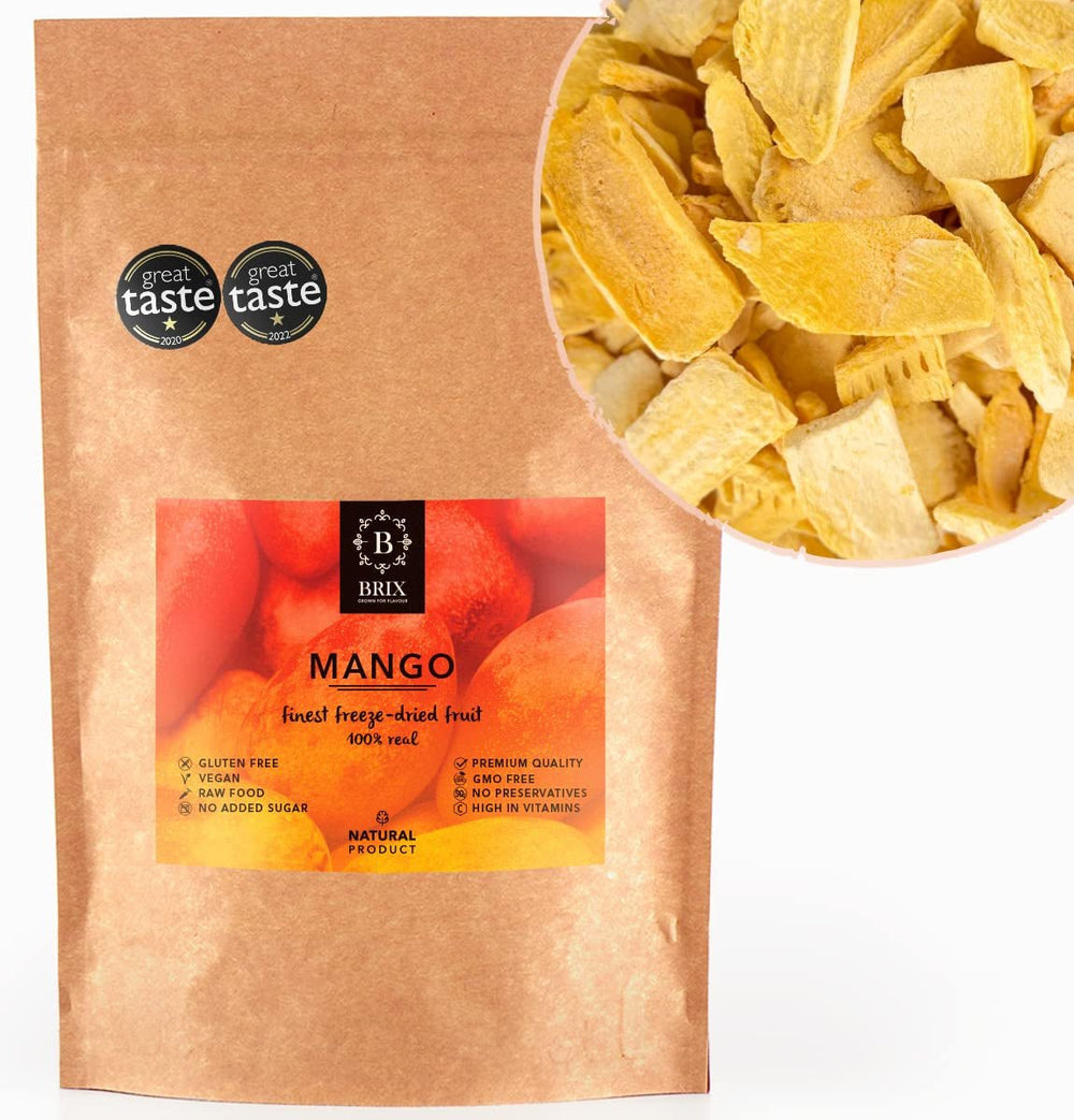 BRIX Mango liofilizat | Natural, felii de mango uscat 95 g | Great Taste Award fructe uscate, mango liofilizat | Fără OMG, fără gluten, vegan, vitamine reținute Produse deshidratate Naty Shop Titlu implicit