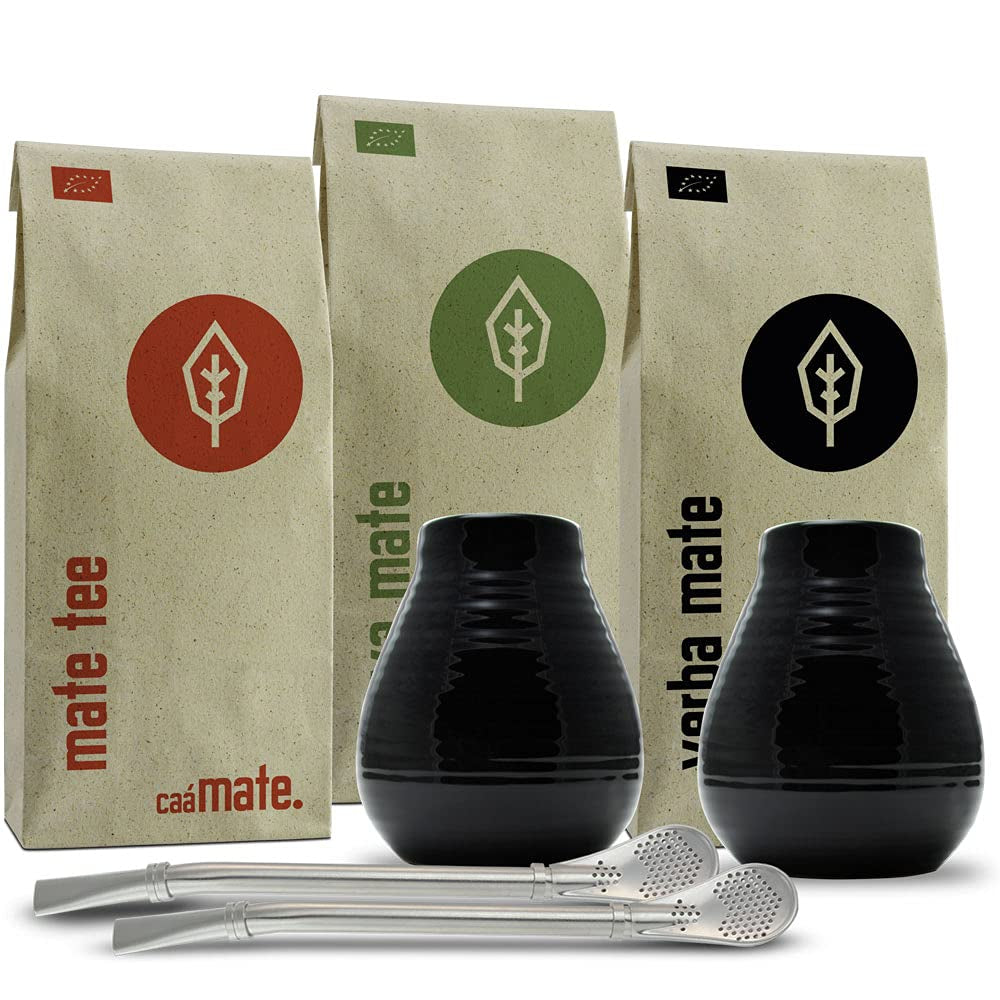 Set de ceai Mate pentru două persoane, organic ● 2 căni Mate + 2 bombillas + 300 g ceai Mate + instrucțiuni de preparare