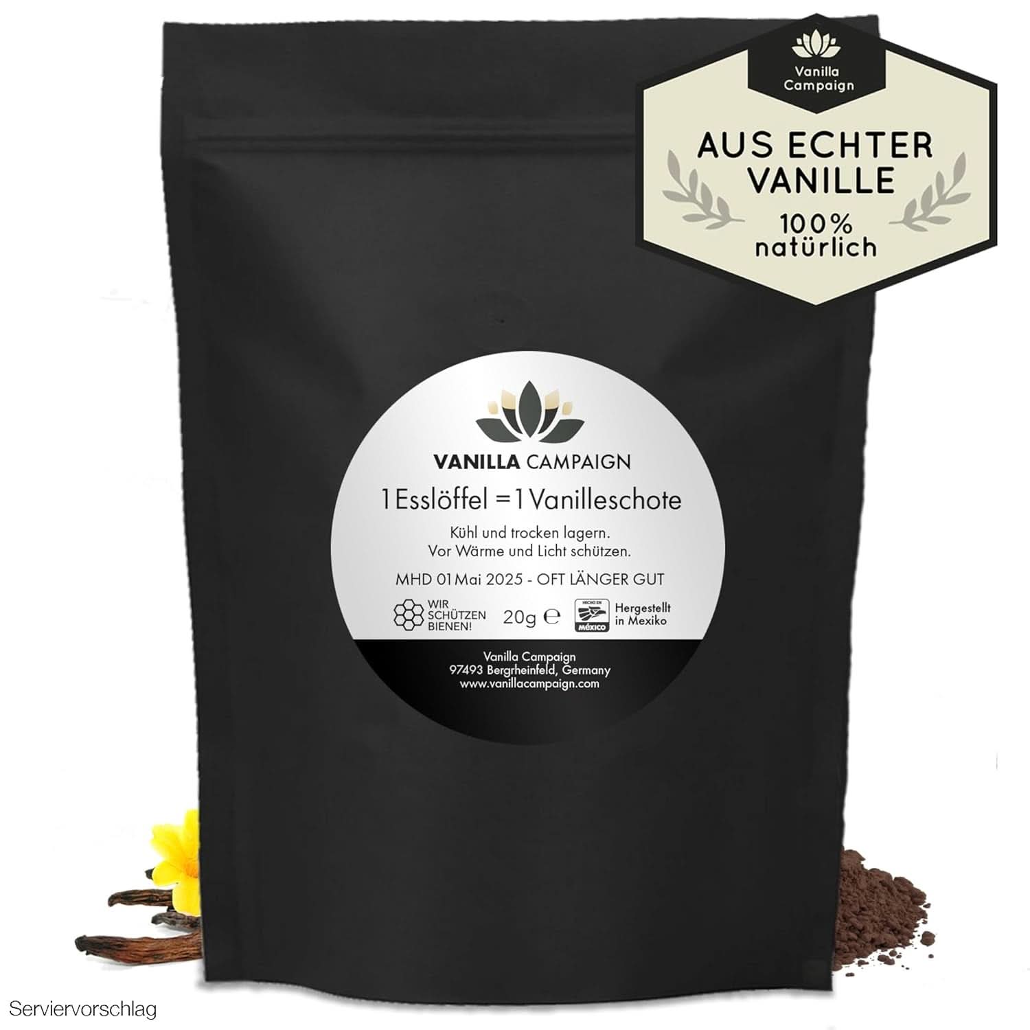 Prémiový vanilkový prášek z pravých vanilkových bobů, přírodní, bez cukru, bez přísad, Fairtrade, vegan (40G bez obalu) z Vanilla Campaign® Flavors Naty Shop