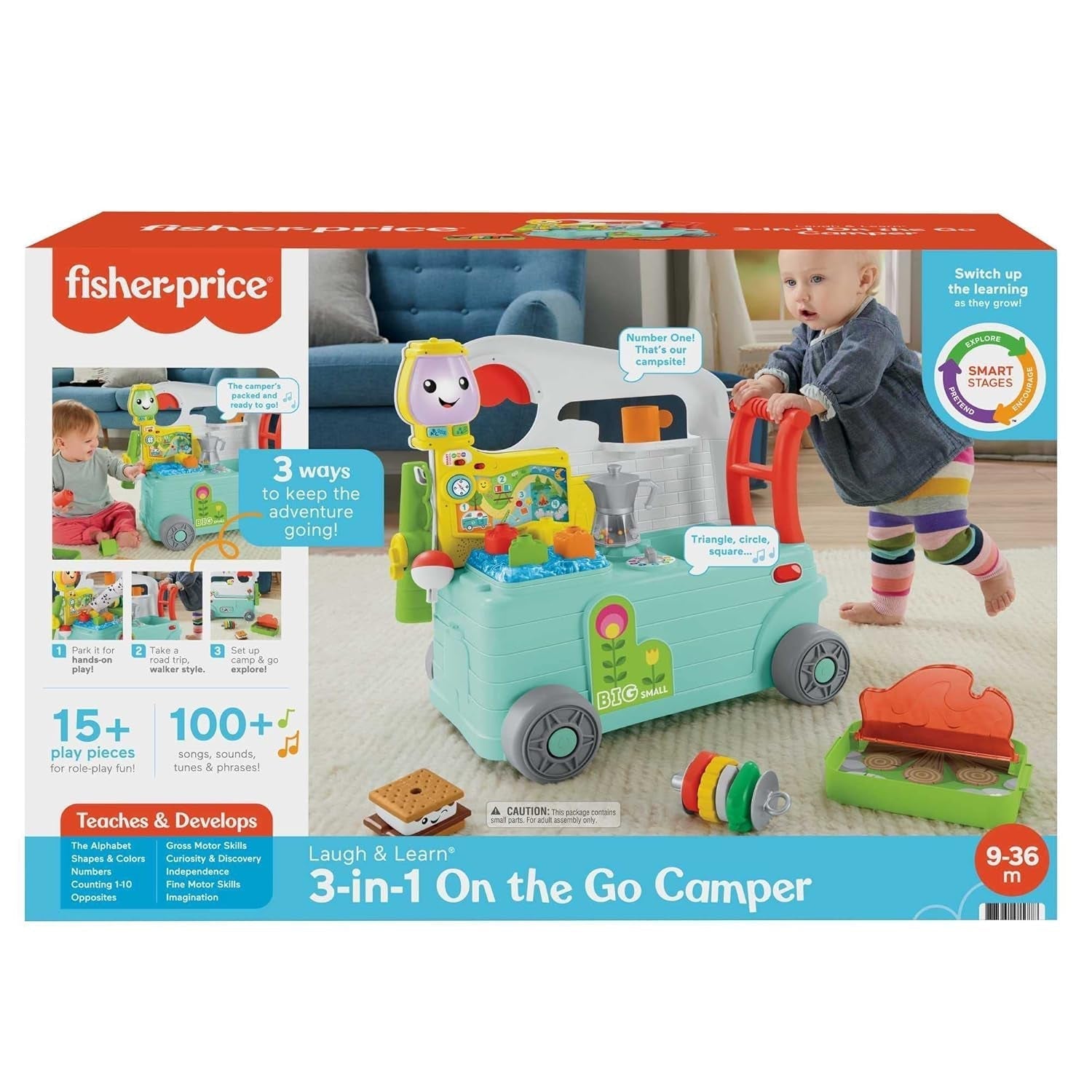 Fisher-Price - Laugh and Learn Camper 3-in-1, jucărie de împins primii pași și centru de activități muzicale, jucărie pentru copii 9-36 luni, HCK51 Jucarii Bebe Naty Shop